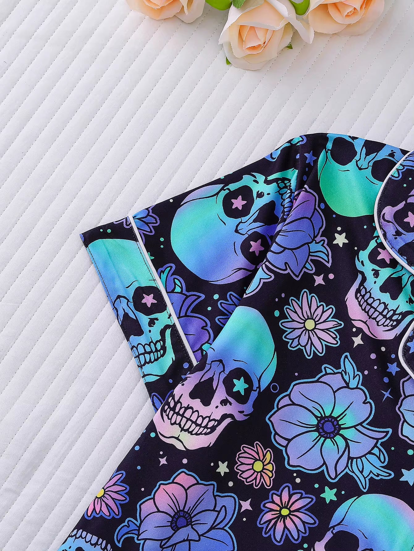 Midnight Skulls: Glow-Inspired Floral Skull Pajama Set