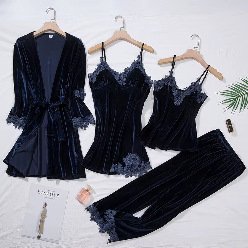 4 Piece Casual Velour Pajama Set
