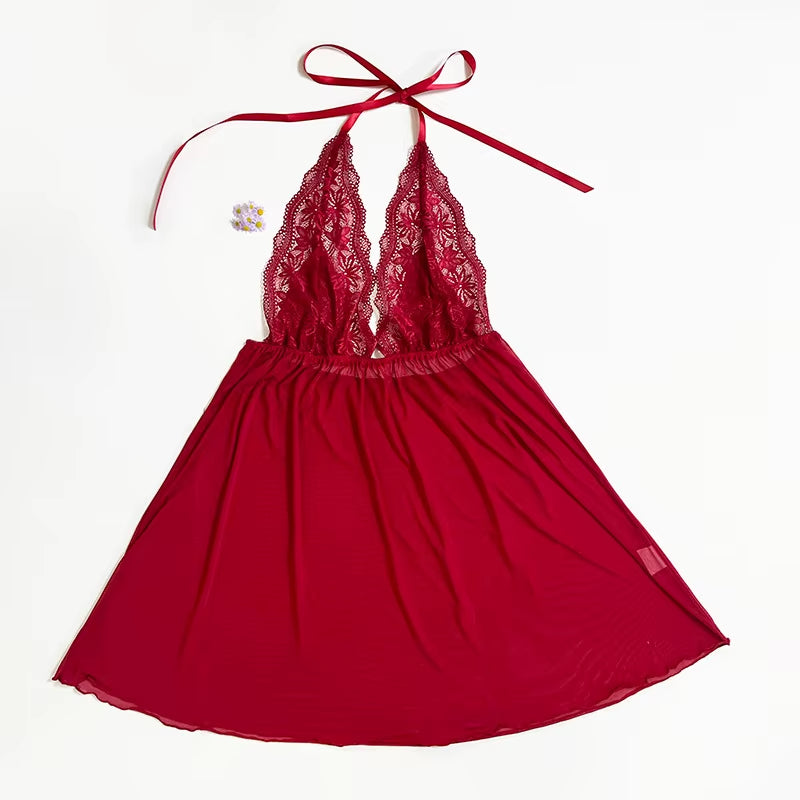 Midnight Muse: Sheer Lace Halter Babydoll Dress