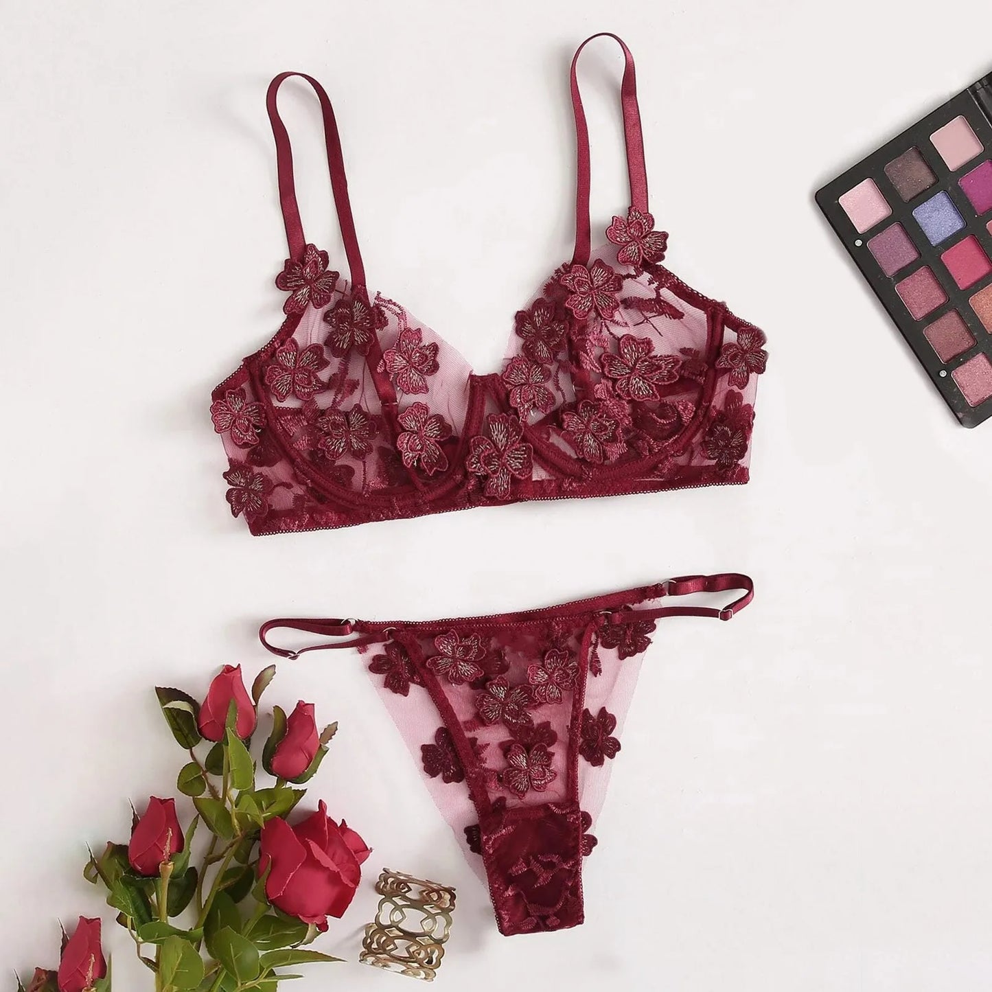 Floral Embroidery Lingerie Set for Women – Transparent Bralette with G-String