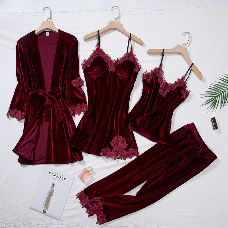 4 Piece Casual Velour Pajama Set