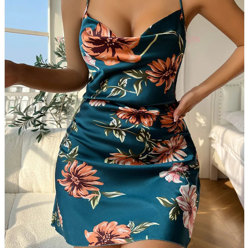 Floral Flame: Satin Slip Dress with Bold Bloom Print