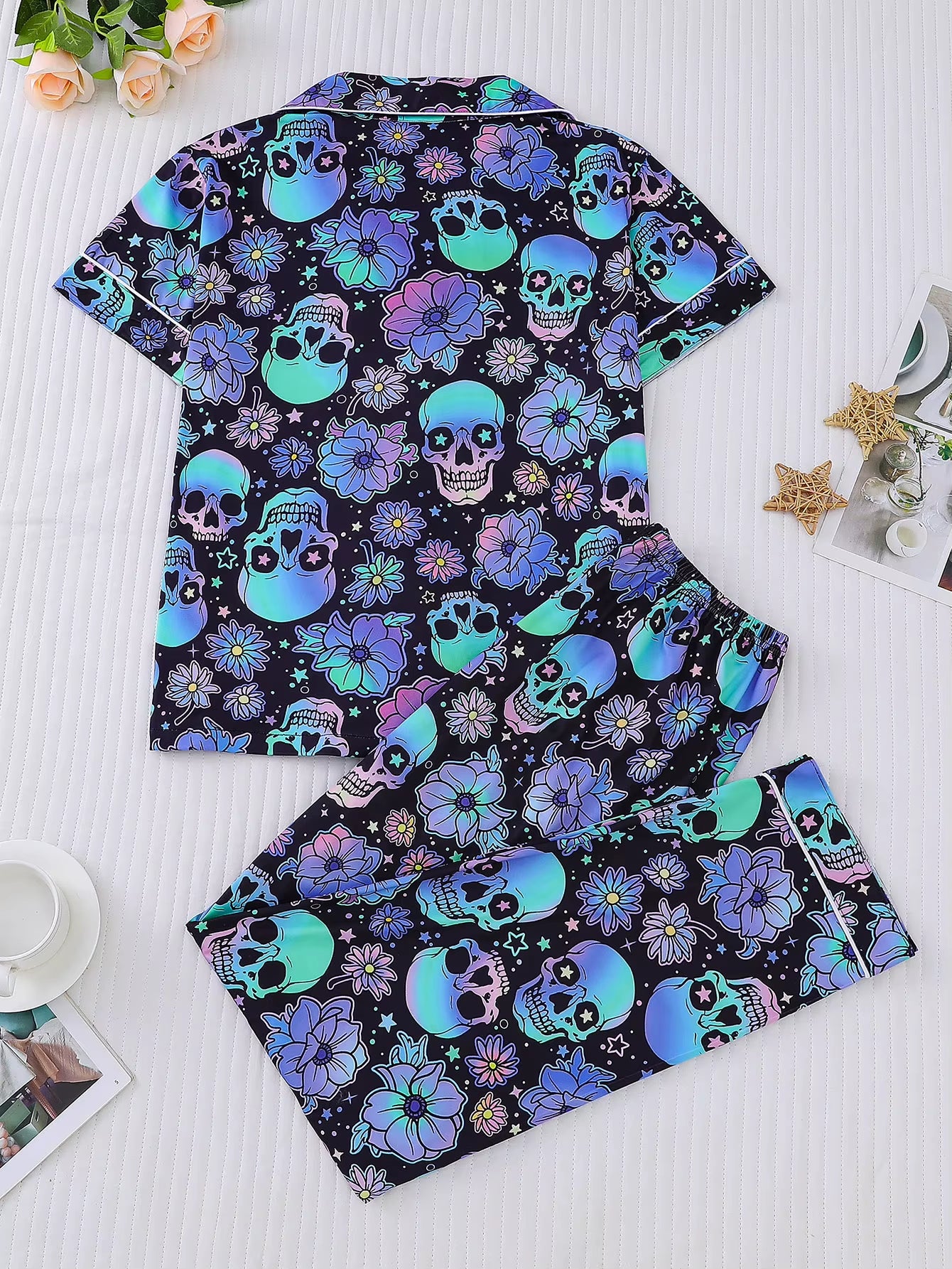 Midnight Skulls: Glow-Inspired Floral Skull Pajama Set