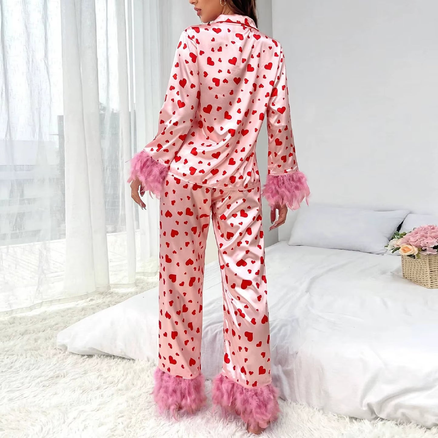 Hearted Matching 2 Piece Set Long-sleeve with Feathers