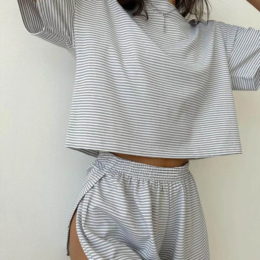 Stripe Knit Set – Short Sleeve Top & Flare Shorts