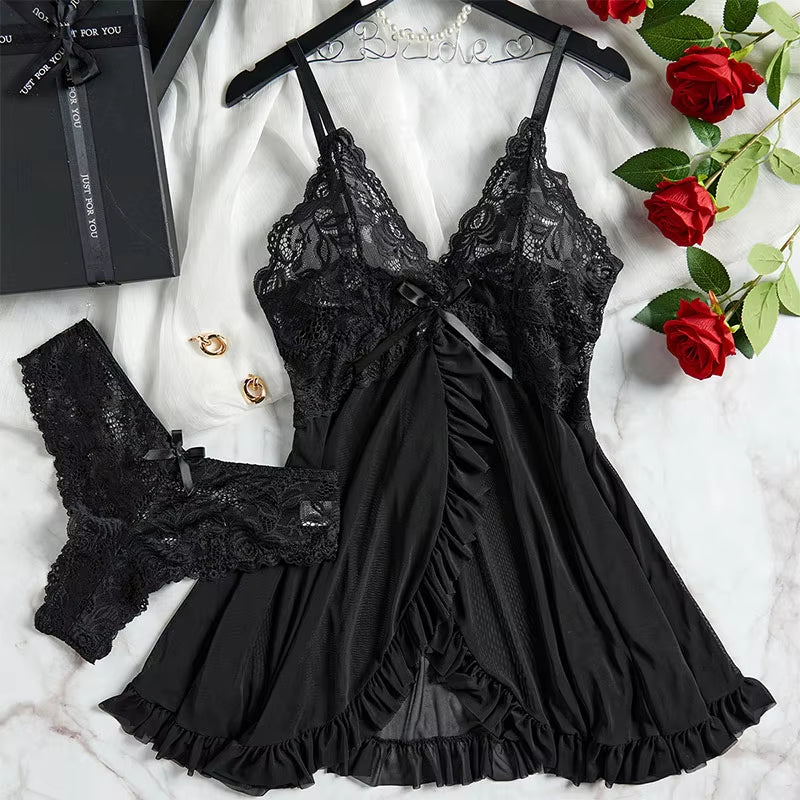 Deep V Neck 2 Piece Ruffle Trim Nightgown Set