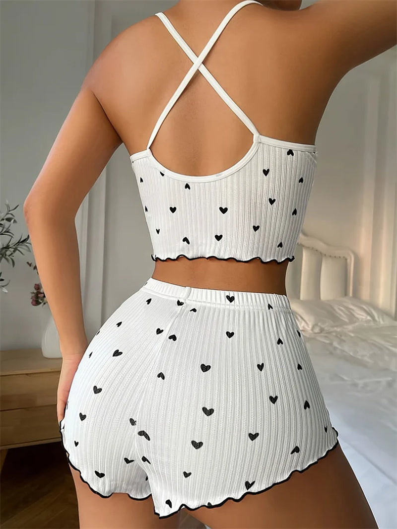 Heart Print 2-Piece Set with Cute Bow
