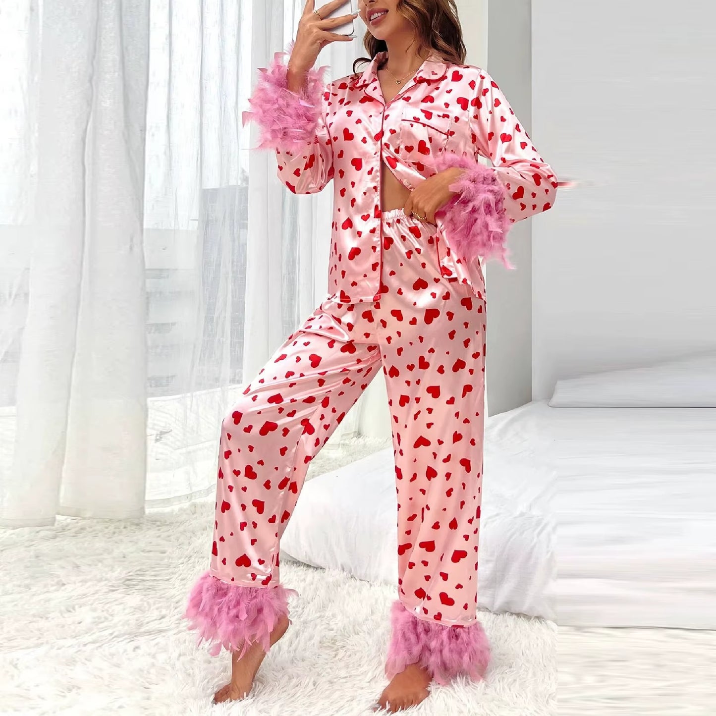 Hearted Matching 2 Piece Set Long-sleeve with Feathers