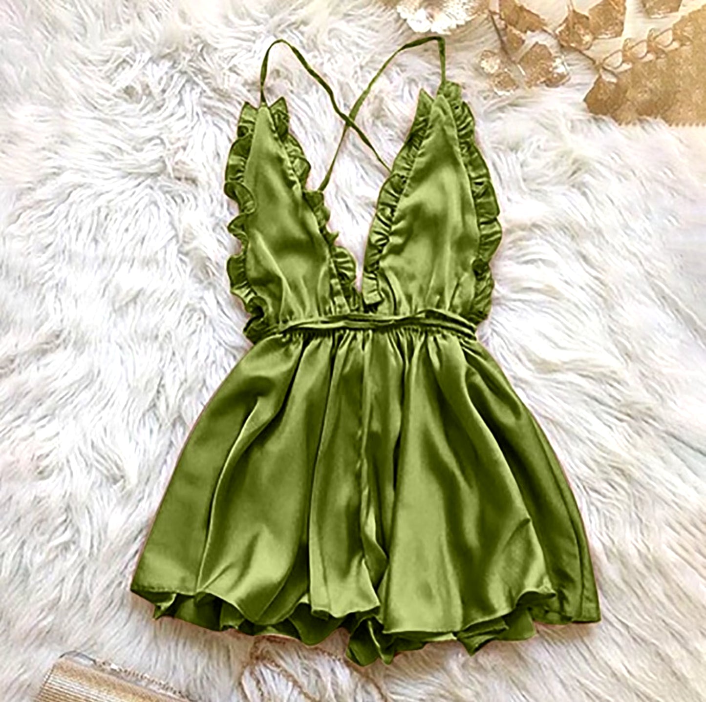 Sexy Ruffled Deep V-Neck Backless Nightdress