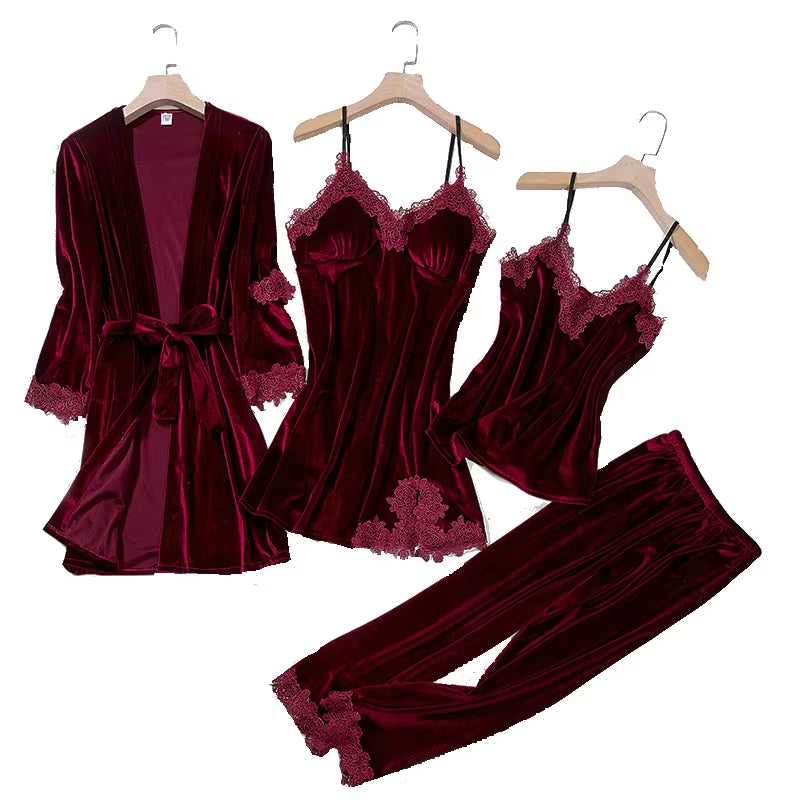 4 Piece Casual Velour Pajama Set