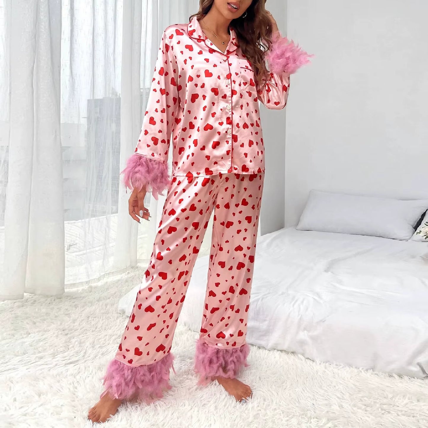 Hearted Matching 2 Piece Set Long-sleeve with Feathers