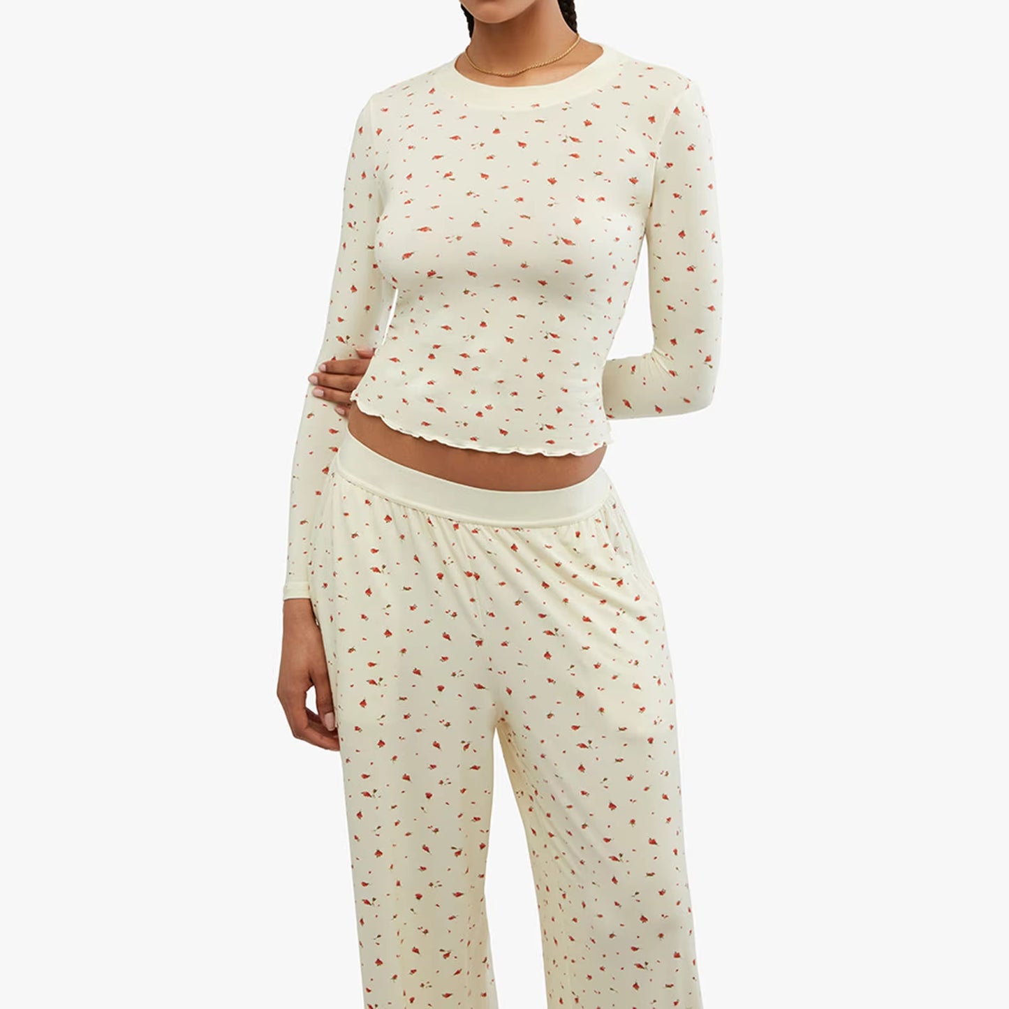 2 Piece Set - Casual Long Sleeve Crop Top & Bottoms