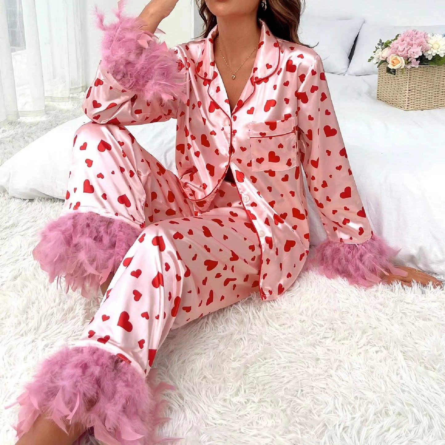 Hearted Matching 2 Piece Set Long-sleeve with Feathers