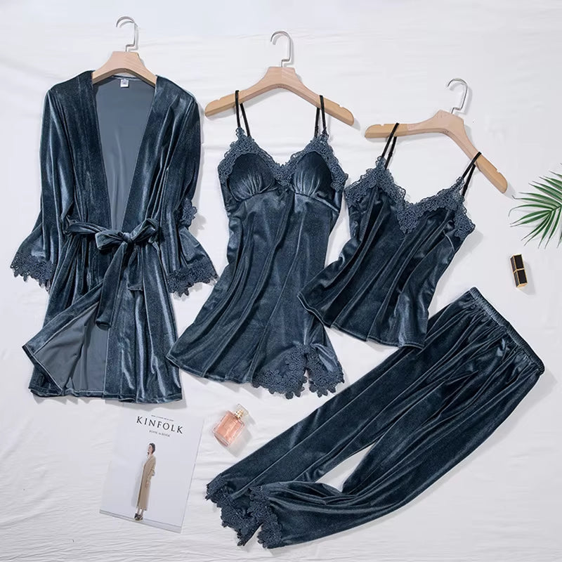 4 Piece Casual Velour Pajama Set
