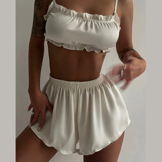 Moonlit Satin: 2-Piece Ruffle Lounge & Sleep Set