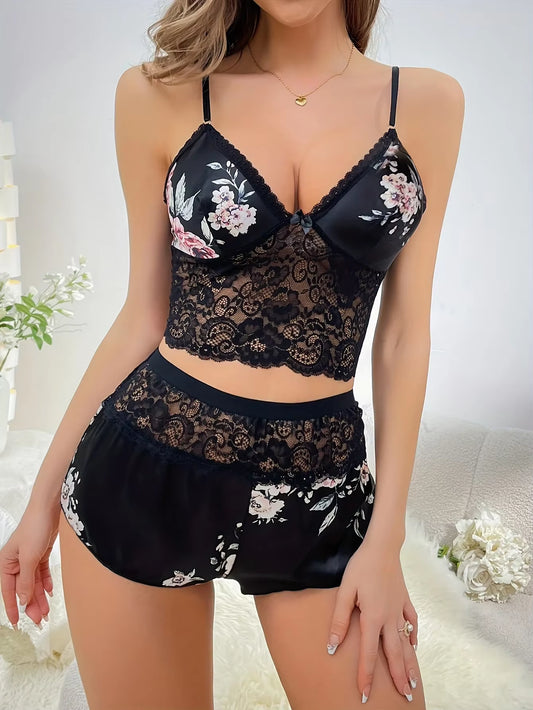 2-Piece Women’s Lingerie Pajama Set – Sexy Lace Cami Top and Matching Shorts