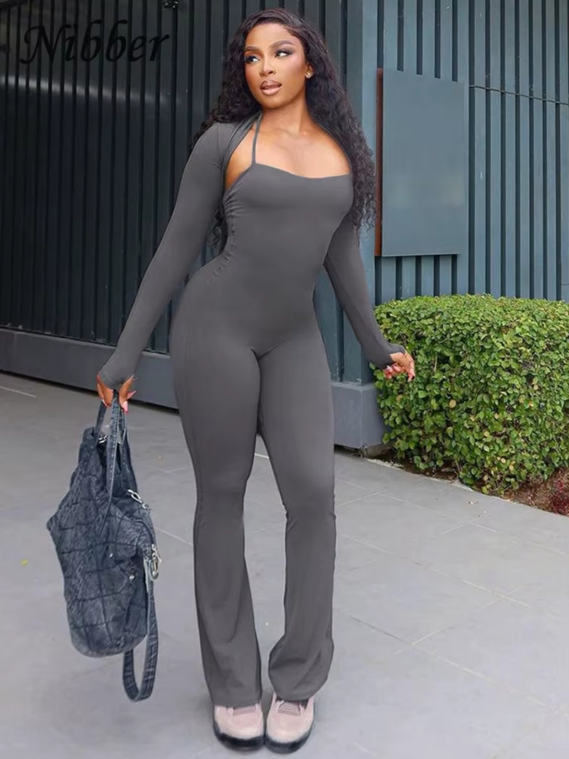 Sleek Allure: Long Sleeve Halter-Style Fitted Jumpsuit