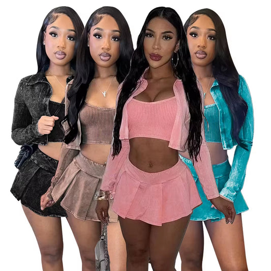 Velvet Crush: 3-Piece Skirt Set with Crop & Jacket