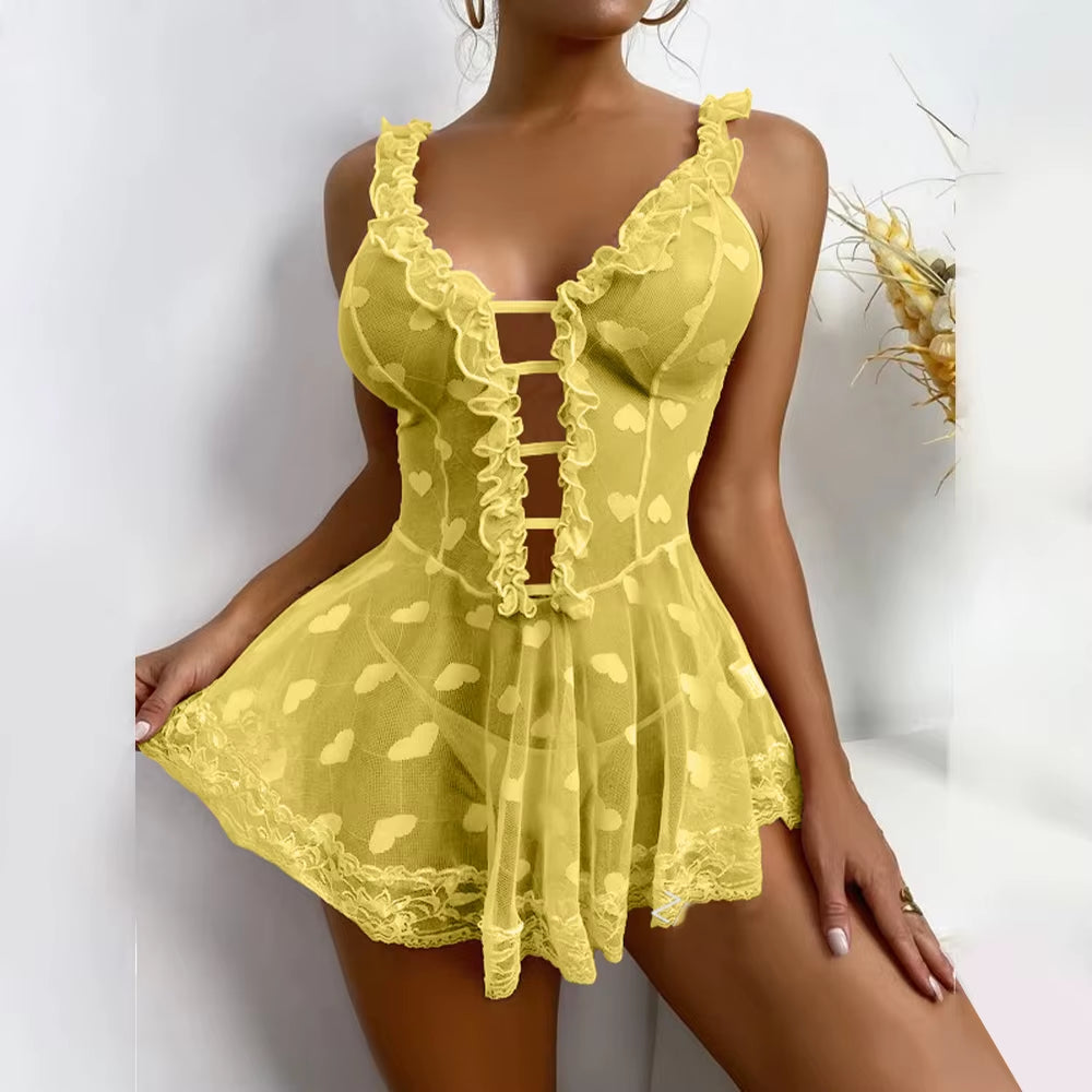 Sweetheart Fantasy: Lace Heart Mesh Babydoll Dress 