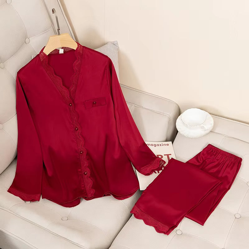 Casual Satin Pajama Set – Sexy 2-Piece Sleepwear with Shirt & Pants 