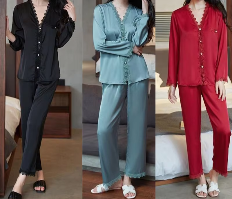 Casual Satin Pajama Set – Sexy 2-Piece Sleepwear with Shirt & Pants 