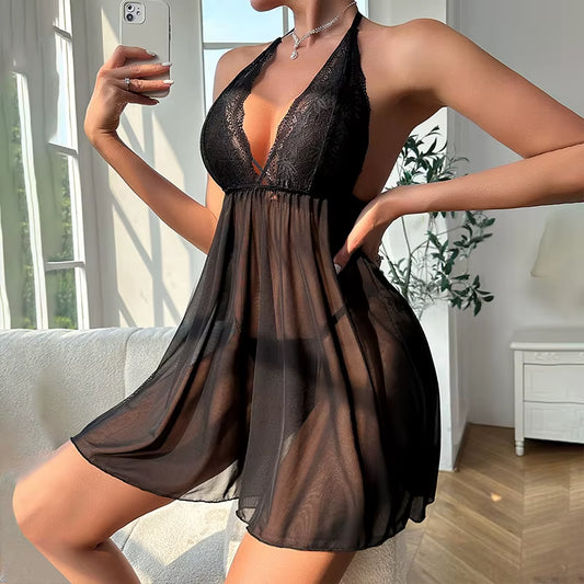 Midnight Muse: Sheer Lace Halter Babydoll Dress