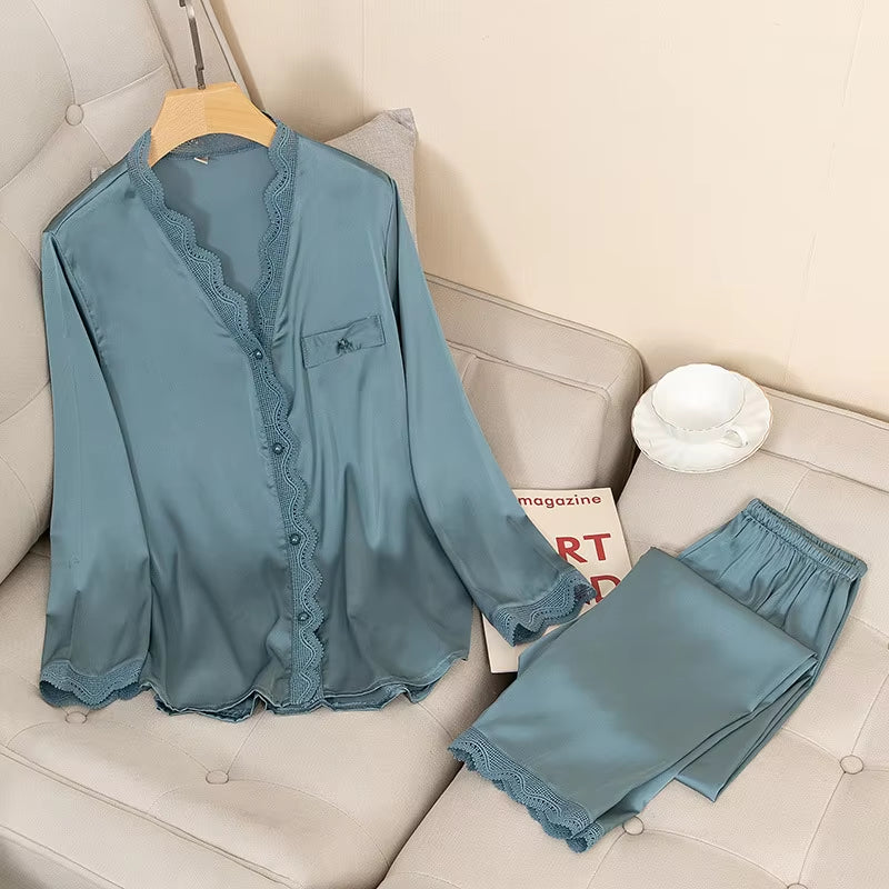 Casual Satin Pajama Set – Sexy 2-Piece Sleepwear with Shirt & Pants 