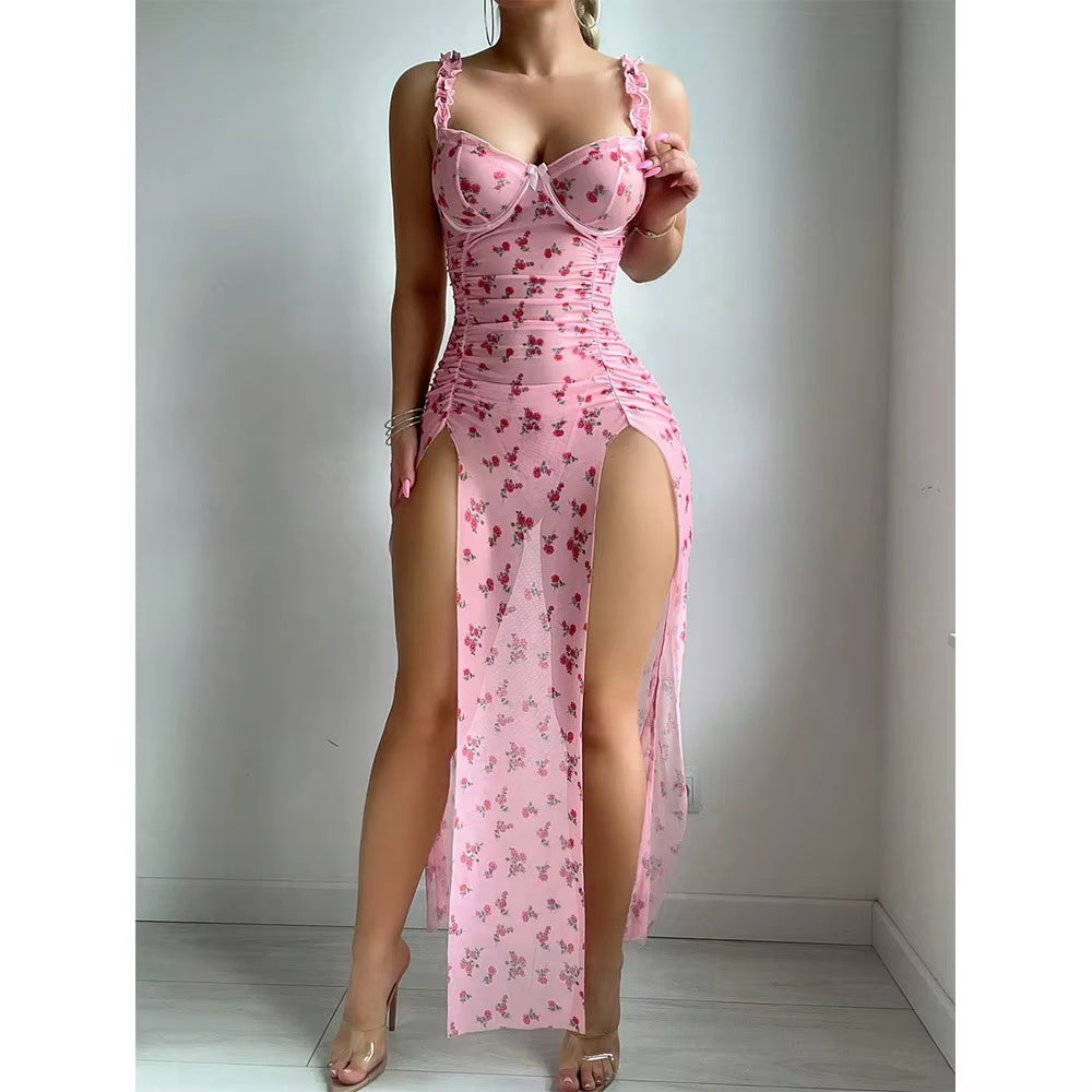 Rose Dusk: Floral Mesh Slit Night Dress