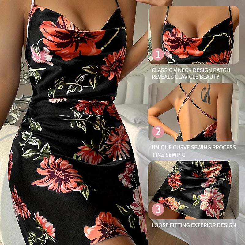 Floral Flame: Satin Slip Dress with Bold Bloom Print