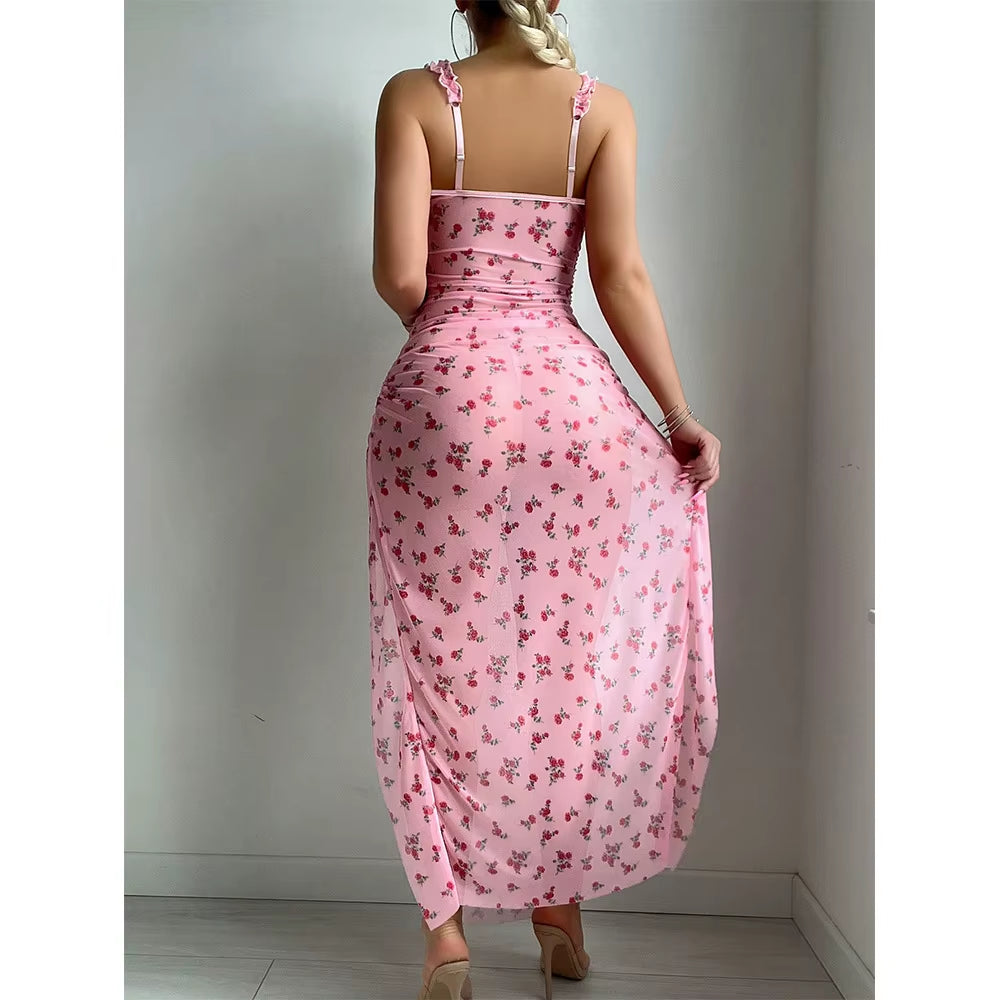 Rose Dusk: Floral Mesh Slit Night Dress
