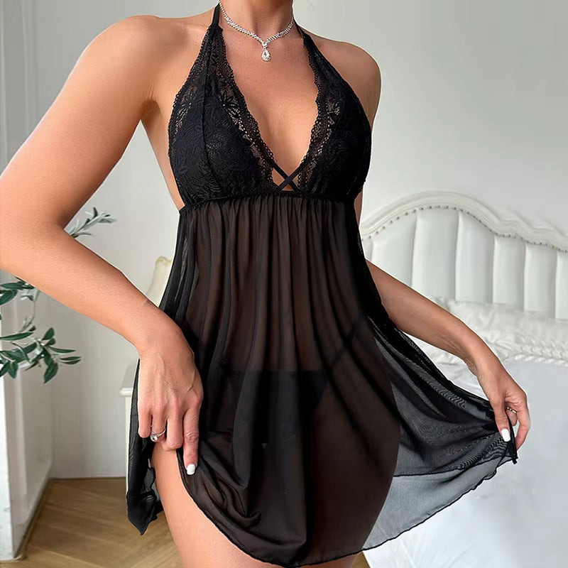Midnight Muse: Sheer Lace Halter Babydoll Dress