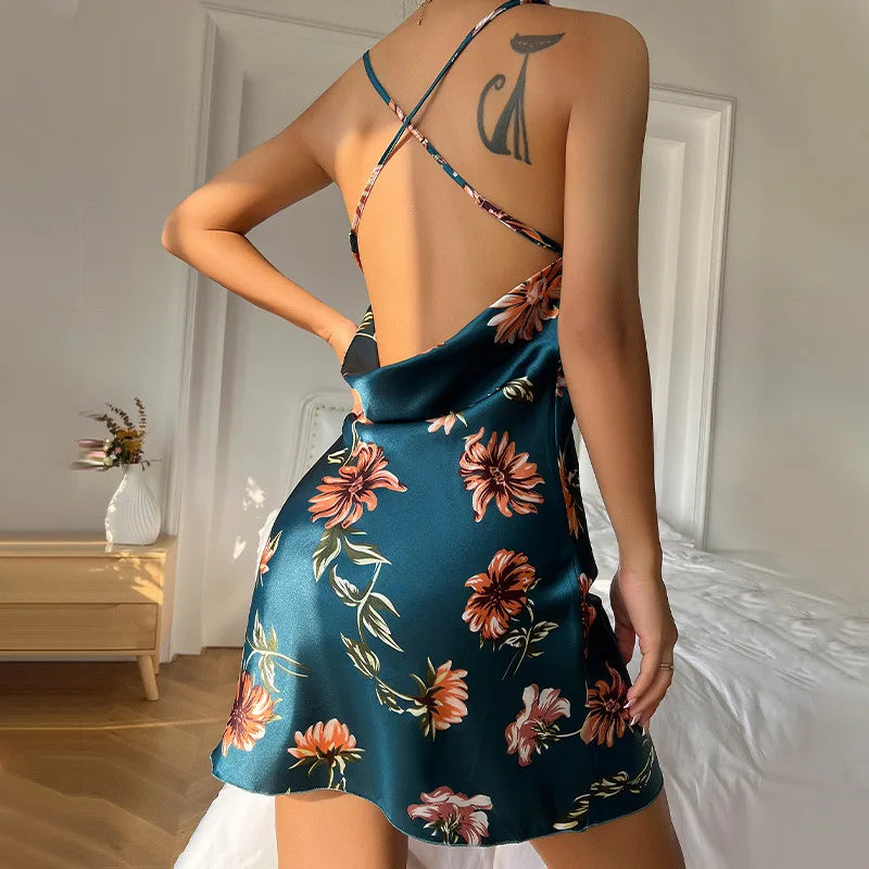 Floral Flame: Satin Slip Dress with Bold Bloom Print