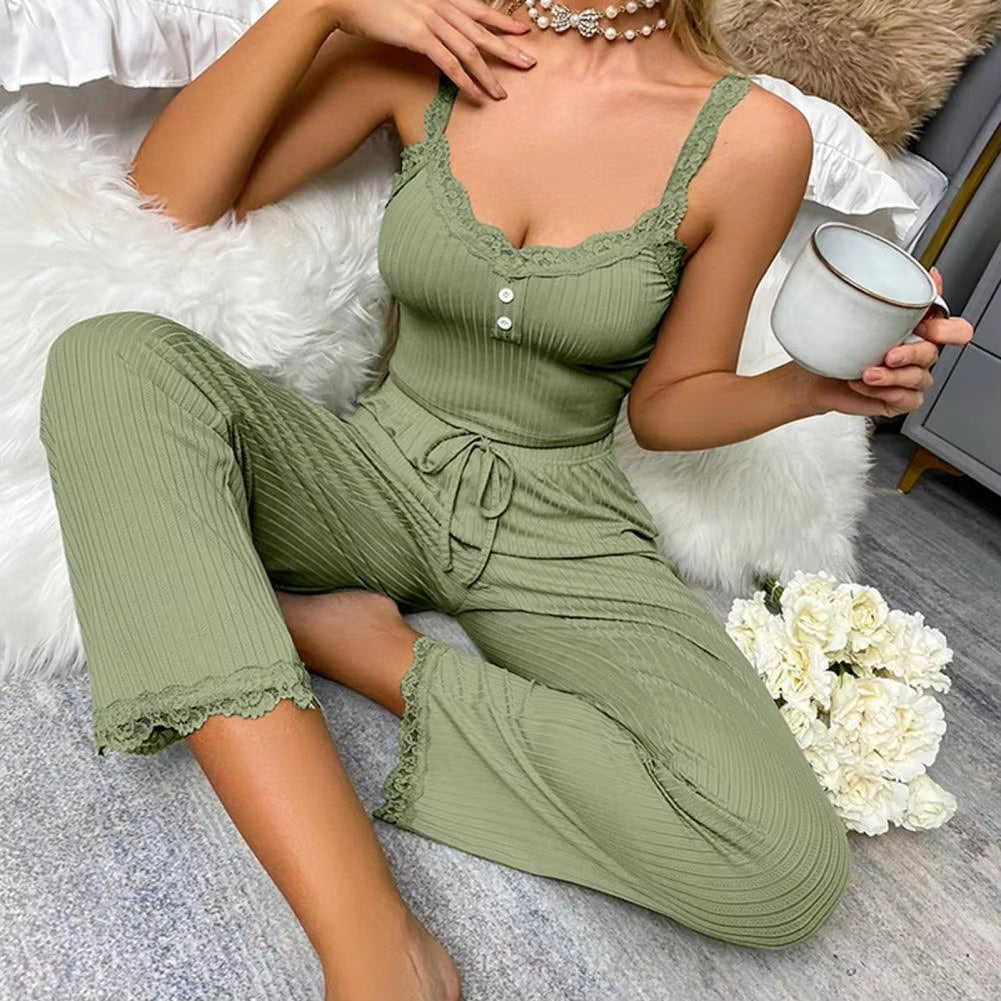 Casual 2-Piece Sleeveless V Neck Top with Bottoms Set 