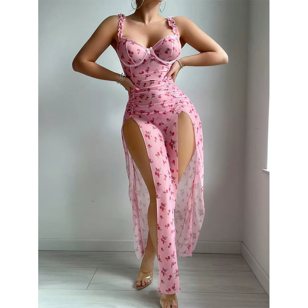 Rose Dusk: Floral Mesh Slit Night Dress