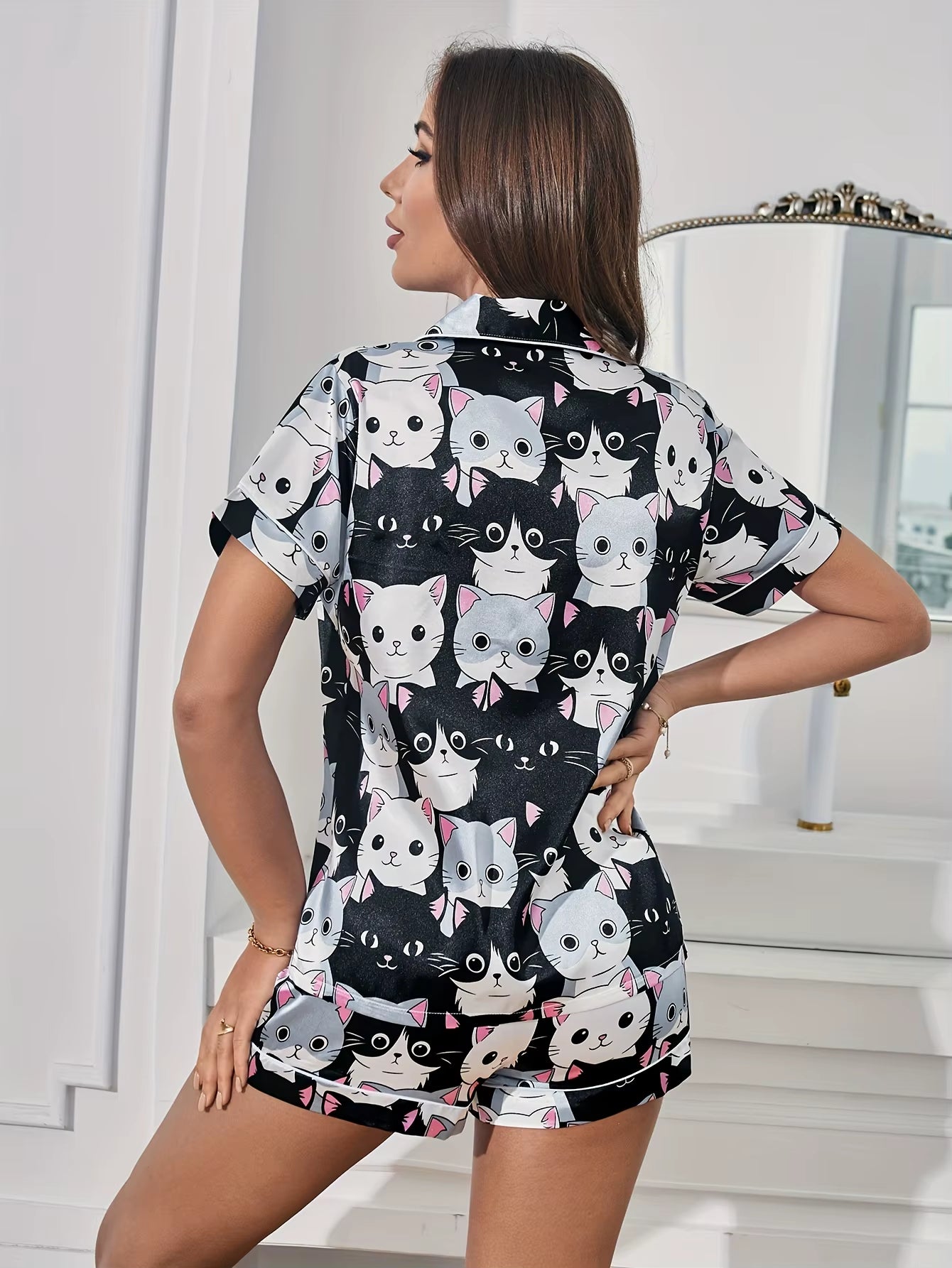 Satin Cat Print Pajama Short Set