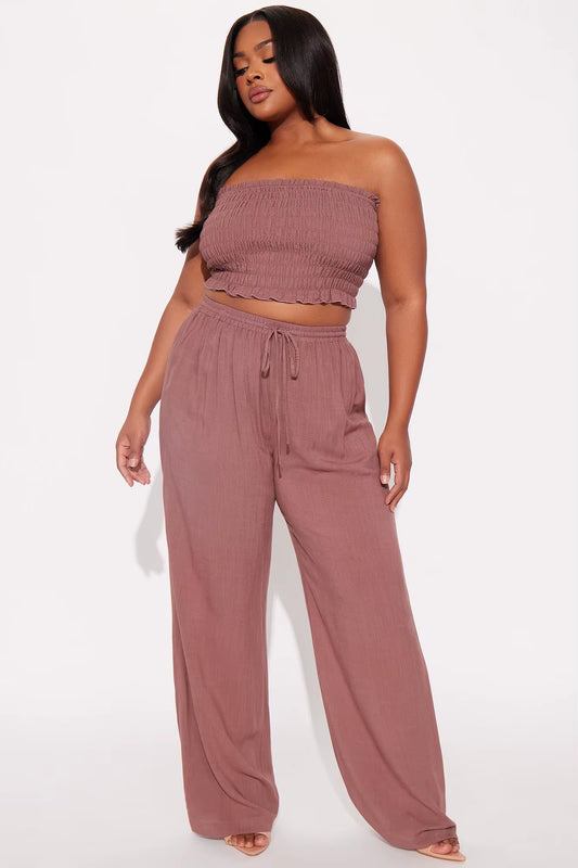 2 Piece Sleeveless Crop Tube Top and Wide Leg Pants 