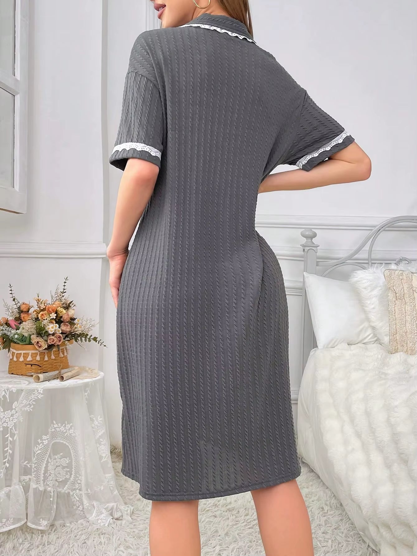 Cozy Charm: Button-Up Cotton Nightdress with Ruffle Trim