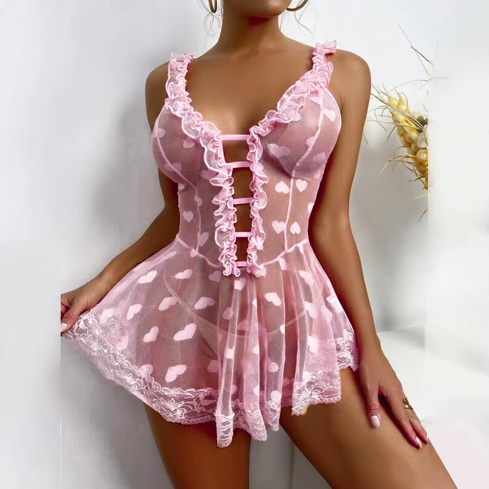 Sweetheart Fantasy: Lace Heart Mesh Babydoll Dress 