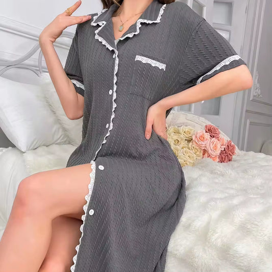 Cozy Charm: Button-Up Cotton Nightdress with Ruffle Trim