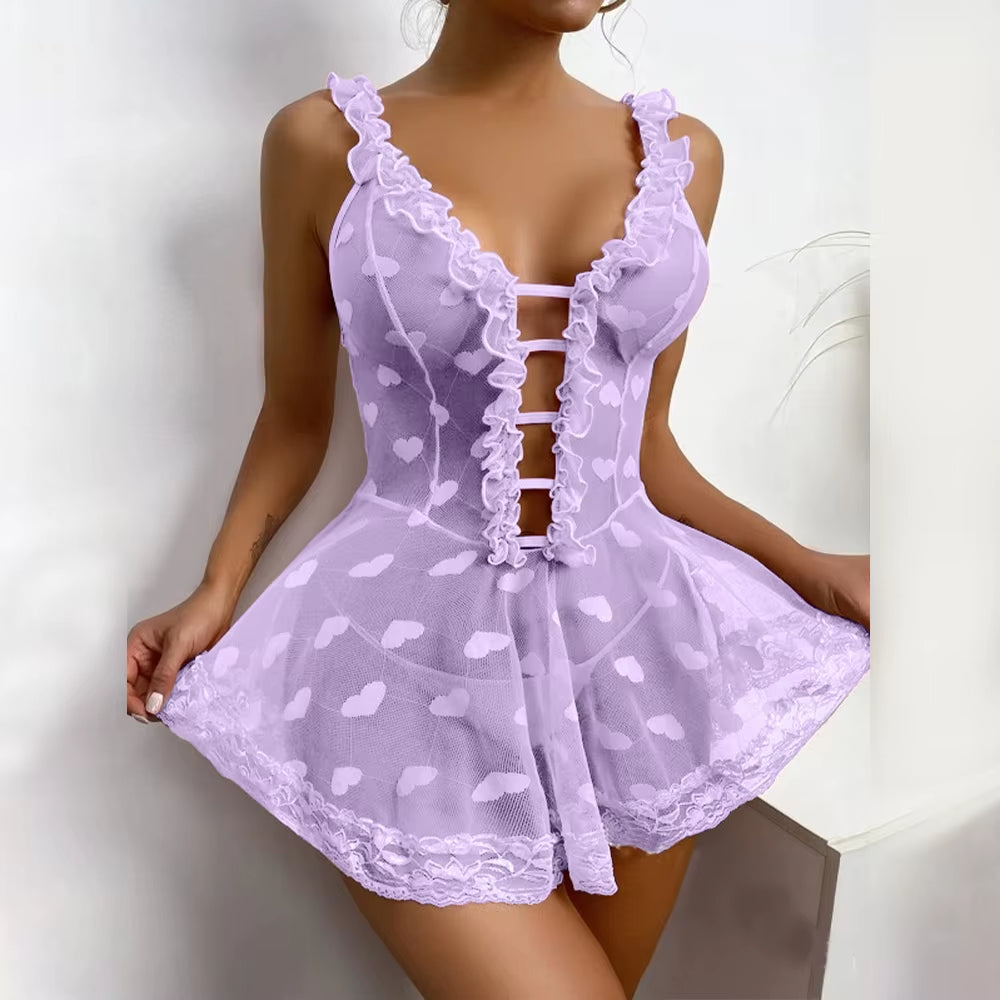 Sweetheart Fantasy: Lace Heart Mesh Babydoll Dress 