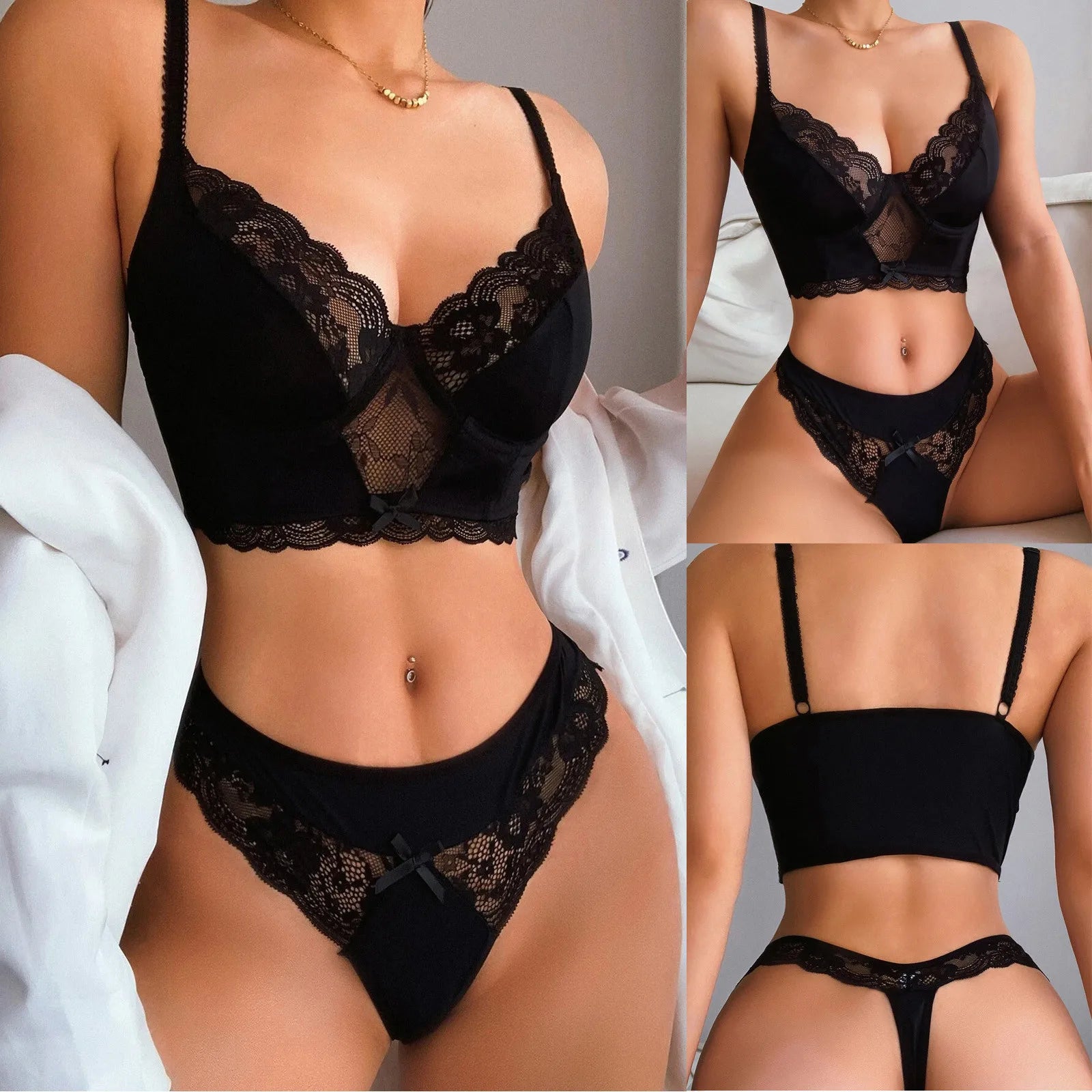 Women's Seamless Underwear Set – Ultra-Thin Bra and Thong Lingerie Set in Black