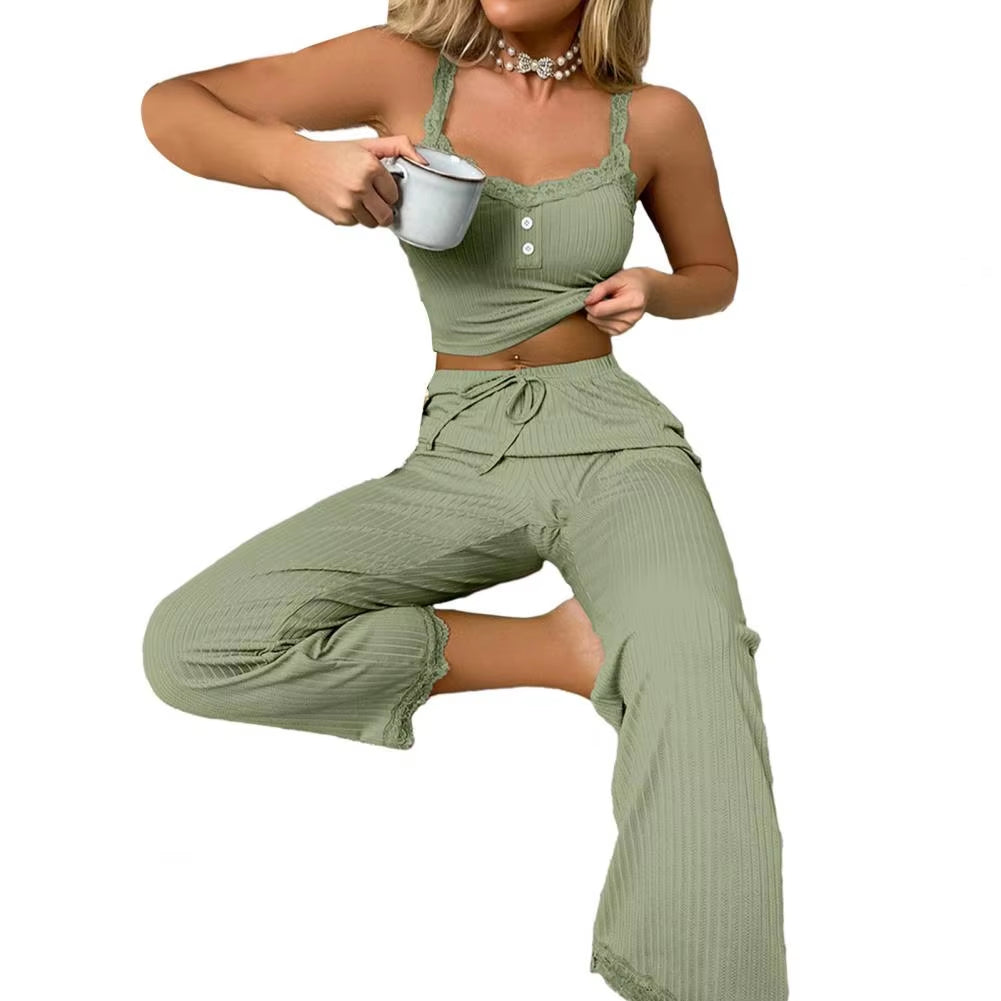 Casual 2-Piece Sleeveless V Neck Top with Bottoms Set 