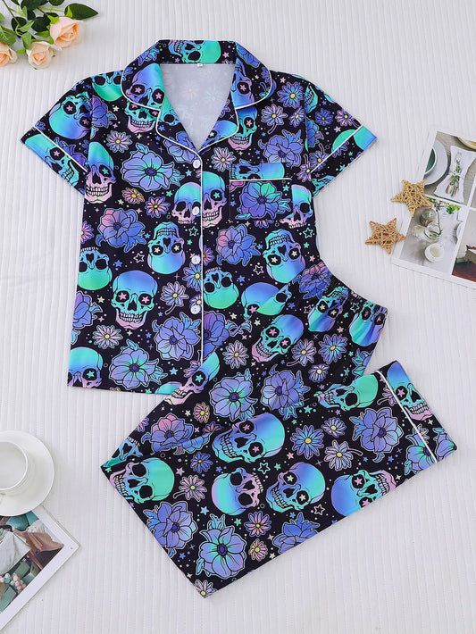 Midnight Skulls: Glow-Inspired Floral Skull Pajama Set
