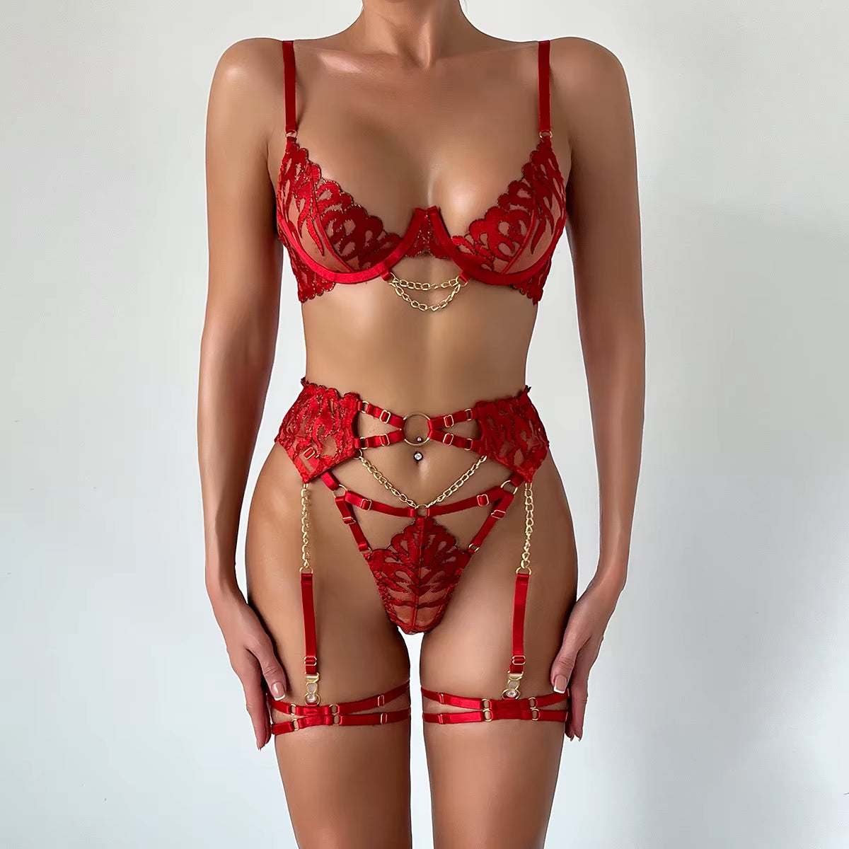 Fierce Flame: 3-Piece Lace & Chain Lingerie Set