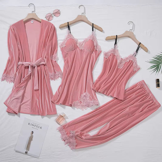 4 Piece Casual Velour Pajama Set 