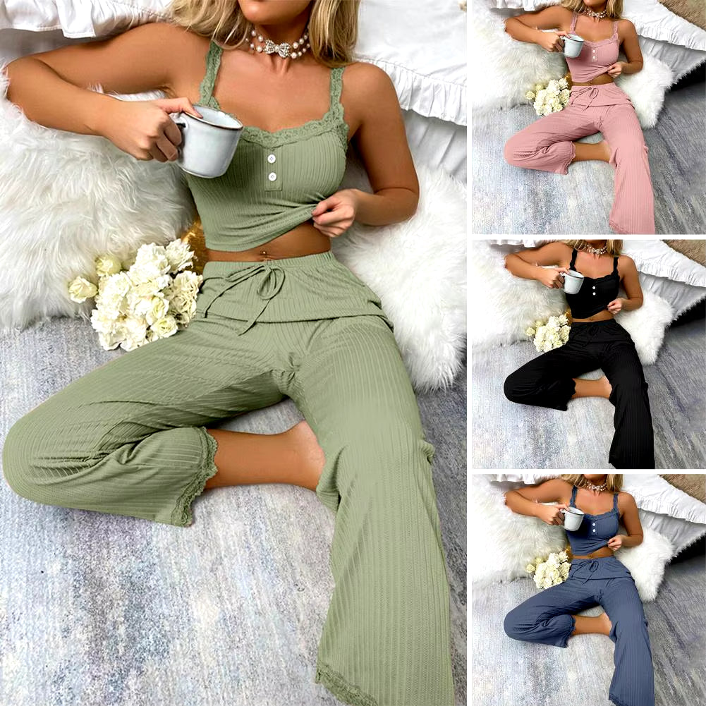 Casual 2-Piece Sleeveless V Neck Top with Bottoms Set 