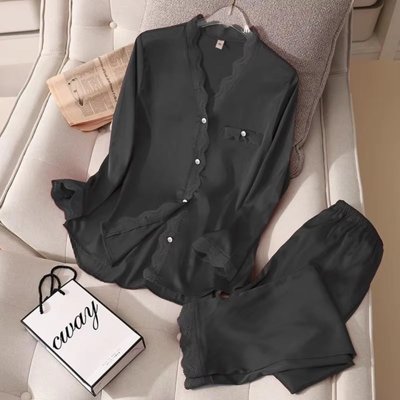 Casual Satin Pajama Set – Sexy 2-Piece Sleepwear with Shirt & Pants 