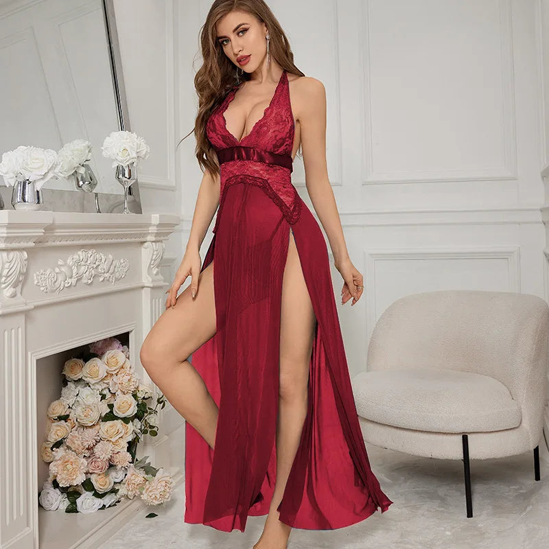 Moonlight Desire: Sheer Lace Slit Gown