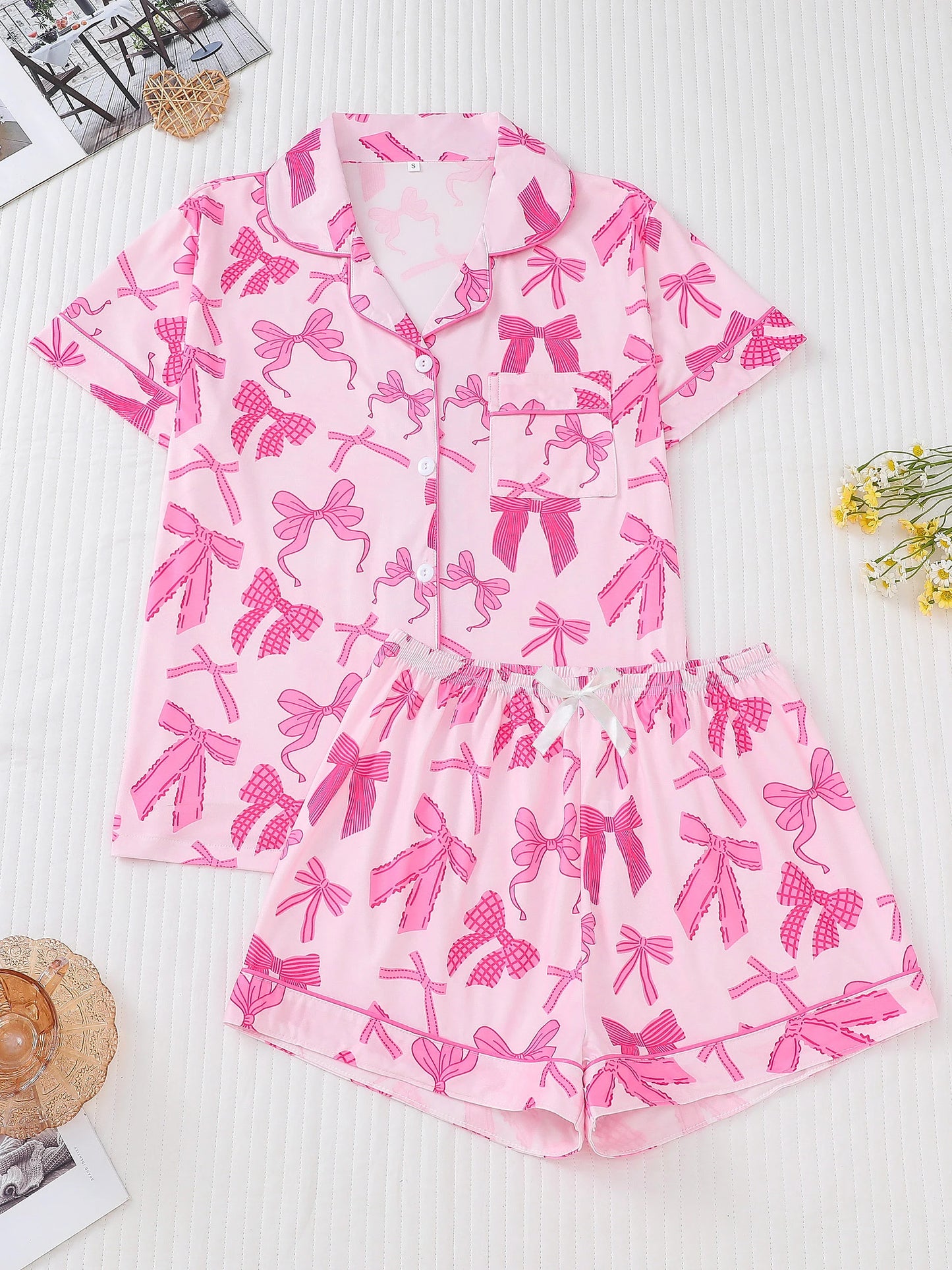 Cutesy 2 Piece Bow Print Pajama Set 
