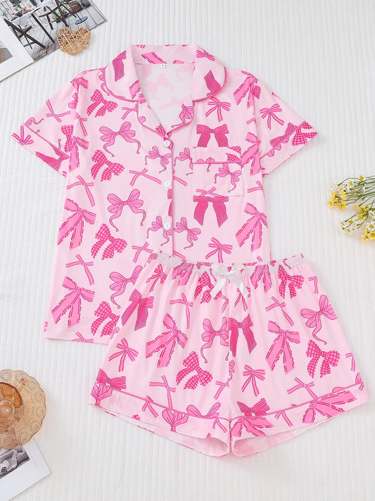 Cutesy 2 Piece Bow Print Pajama Set 
